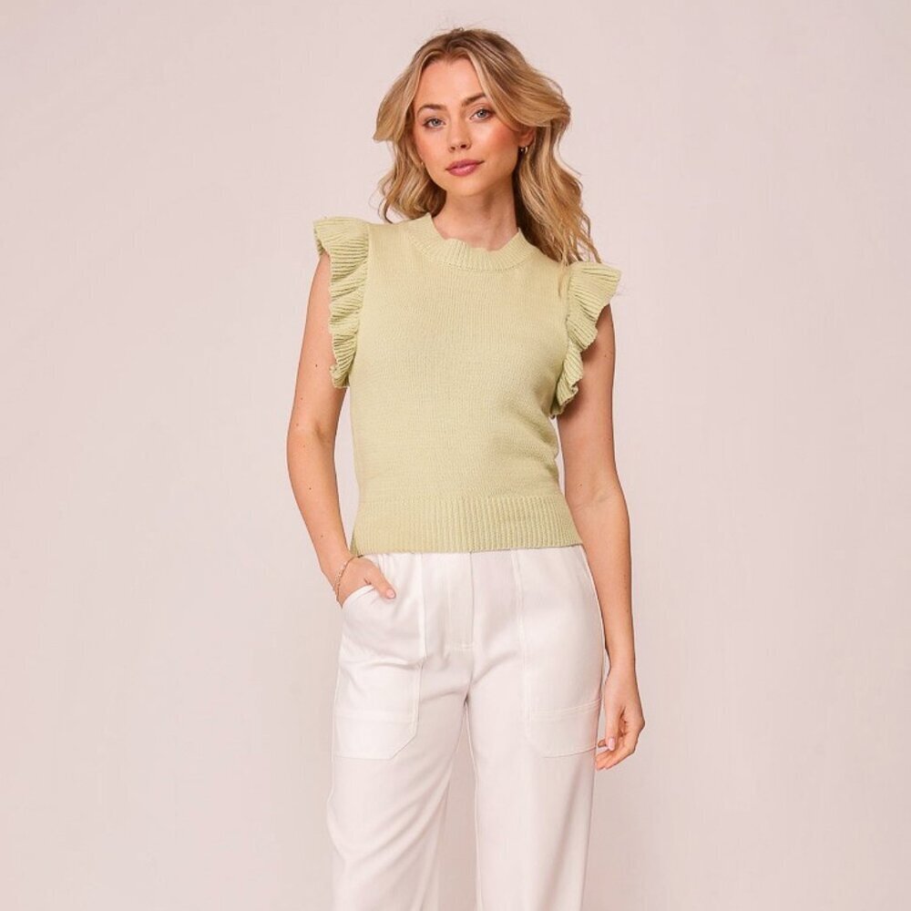 Lumiere Pale Green Ruffle Sleeve Knit Sweater Vest Top Feminine Summer Layer - Picture 6 of 6